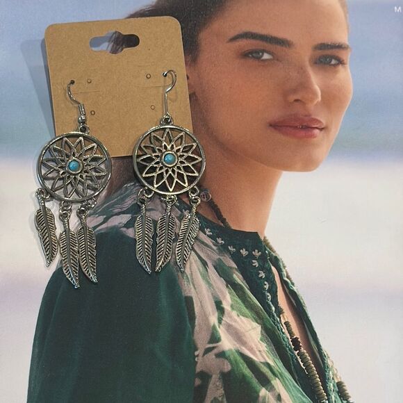 Bohemian Silver and Turquoise Dreamcatcher Earrings - Picture 1 of 4